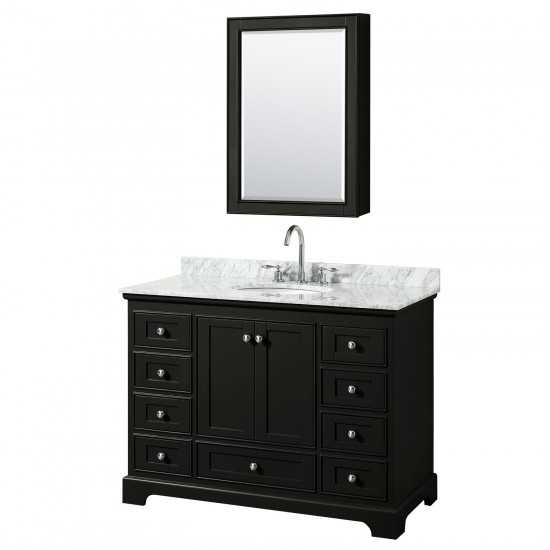 48 Inch Single Bathroom Vanity in Dark Espresso, White Carrara Marble Countertop, Oval Sink, Medicine Cabinet