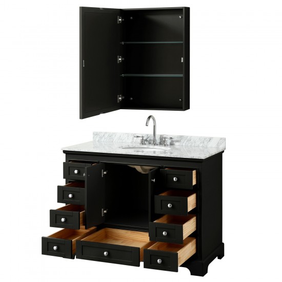 48 Inch Single Bathroom Vanity in Dark Espresso, White Carrara Marble Countertop, Oval Sink, Medicine Cabinet