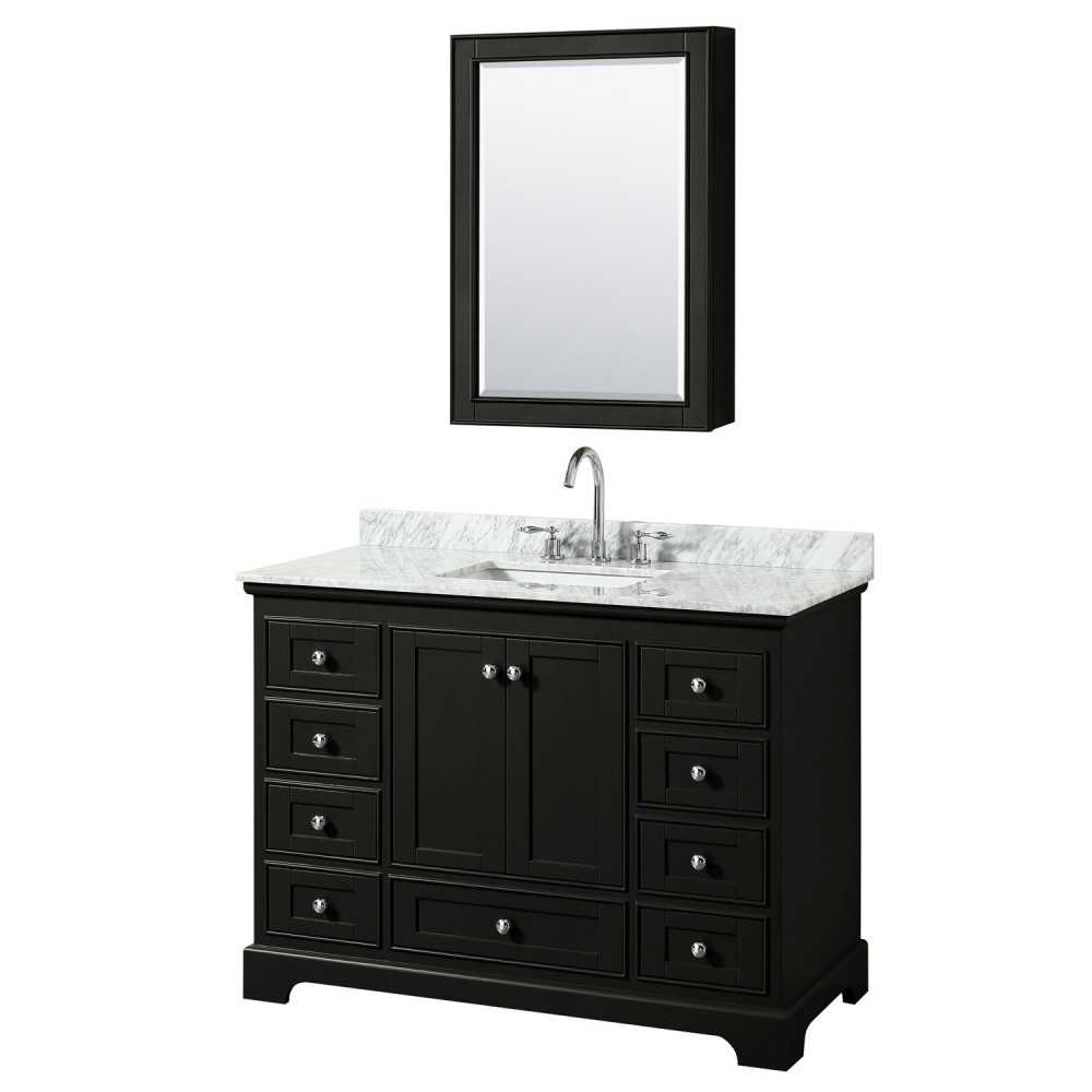 48 Inch Single Bathroom Vanity in Dark Espresso, White Carrara Marble Countertop, Sink, Medicine Cabinet