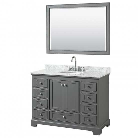 48 Inch Single Bathroom Vanity in Dark Gray, White Carrara Marble Countertop, Oval Sink, 46 Inch Mirror