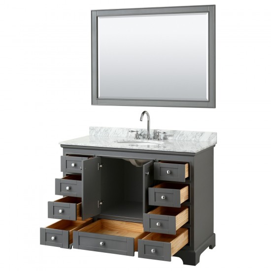 48 Inch Single Bathroom Vanity in Dark Gray, White Carrara Marble Countertop, Oval Sink, 46 Inch Mirror