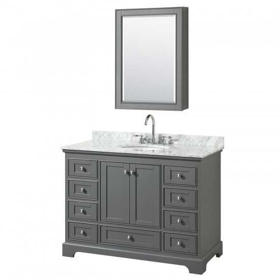 48 Inch Single Bathroom Vanity in Dark Gray, White Carrara Marble Countertop, Oval Sink, Medicine Cabinet