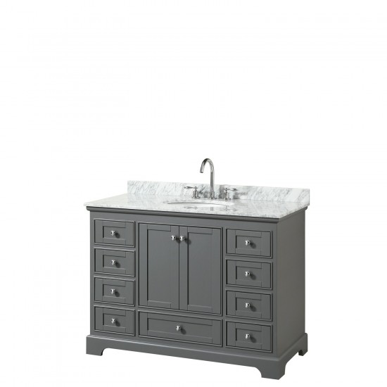 48 Inch Single Bathroom Vanity in Dark Gray, White Carrara Marble Countertop, Oval Sink, No Mirror