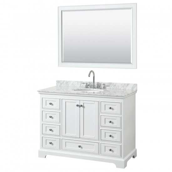 48 Inch Single Bathroom Vanity in White, White Carrara Marble Countertop, Oval Sink, 46 Inch Mirror