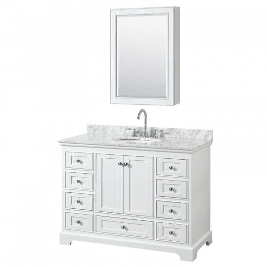 48 Inch Single Bathroom Vanity in White, White Carrara Marble Countertop, Oval Sink, Medicine Cabinet