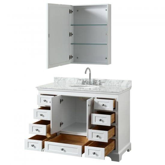 48 Inch Single Bathroom Vanity in White, White Carrara Marble Countertop, Oval Sink, Medicine Cabinet