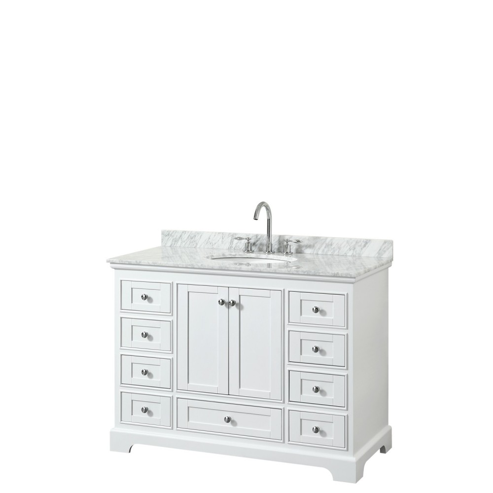 48 Inch Single Bathroom Vanity in White, White Carrara Marble Countertop, Oval Sink, No Mirror