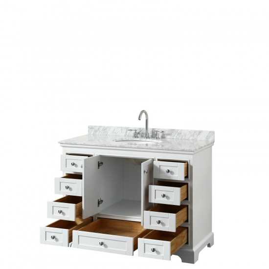 48 Inch Single Bathroom Vanity in White, White Carrara Marble Countertop, Oval Sink, No Mirror