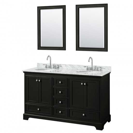 60 Inch Double Bathroom Vanity in Dark Espresso, White Carrara Marble Countertop, Oval Sinks, 24 Inch Mirrors