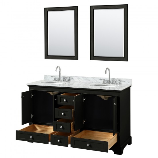 60 Inch Double Bathroom Vanity in Dark Espresso, White Carrara Marble Countertop, Oval Sinks, 24 Inch Mirrors