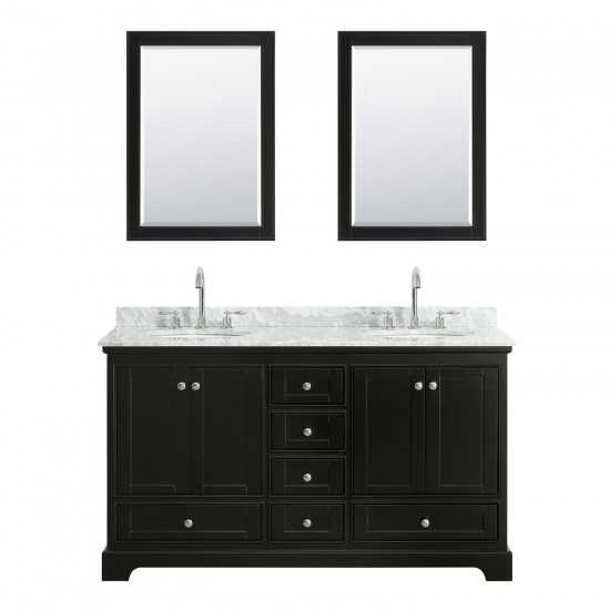 60 Inch Double Bathroom Vanity in Dark Espresso, White Carrara Marble Countertop, Oval Sinks, 24 Inch Mirrors