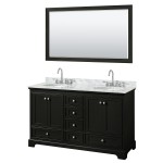 60 Inch Double Bathroom Vanity in Dark Espresso, White Carrara Marble Countertop, Oval Sinks, 58 Inch Mirror