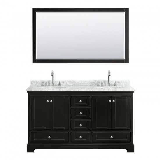 60 Inch Double Bathroom Vanity in Dark Espresso, White Carrara Marble Countertop, Oval Sinks, 58 Inch Mirror