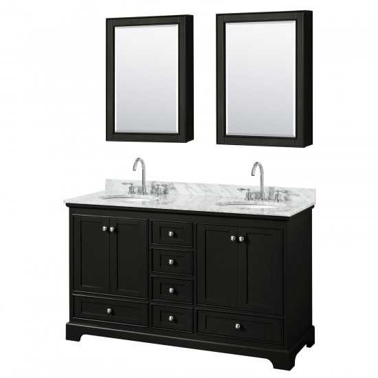 60 Inch Double Bathroom Vanity in Dark Espresso, White Carrara Marble Countertop, Oval Sinks, Medicine Cabinets