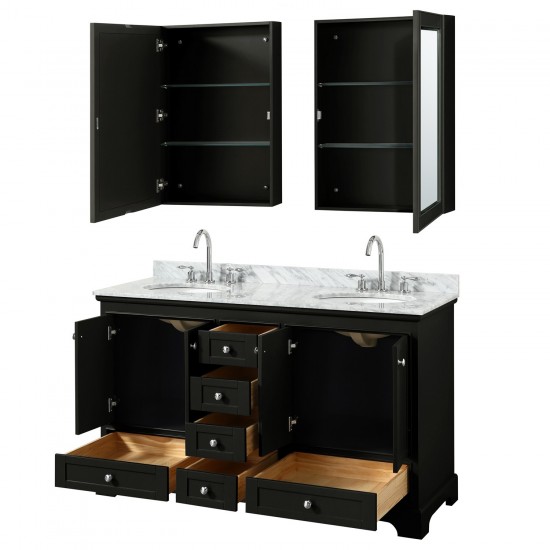 60 Inch Double Bathroom Vanity in Dark Espresso, White Carrara Marble Countertop, Oval Sinks, Medicine Cabinets