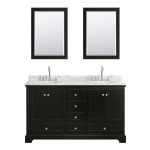 60 Inch Double Bathroom Vanity in Dark Espresso, White Carrara Marble Countertop, Oval Sinks, Medicine Cabinets