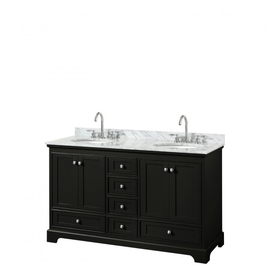 60 Inch Double Bathroom Vanity in Dark Espresso, White Carrara Marble Countertop, Oval Sinks, No Mirrors