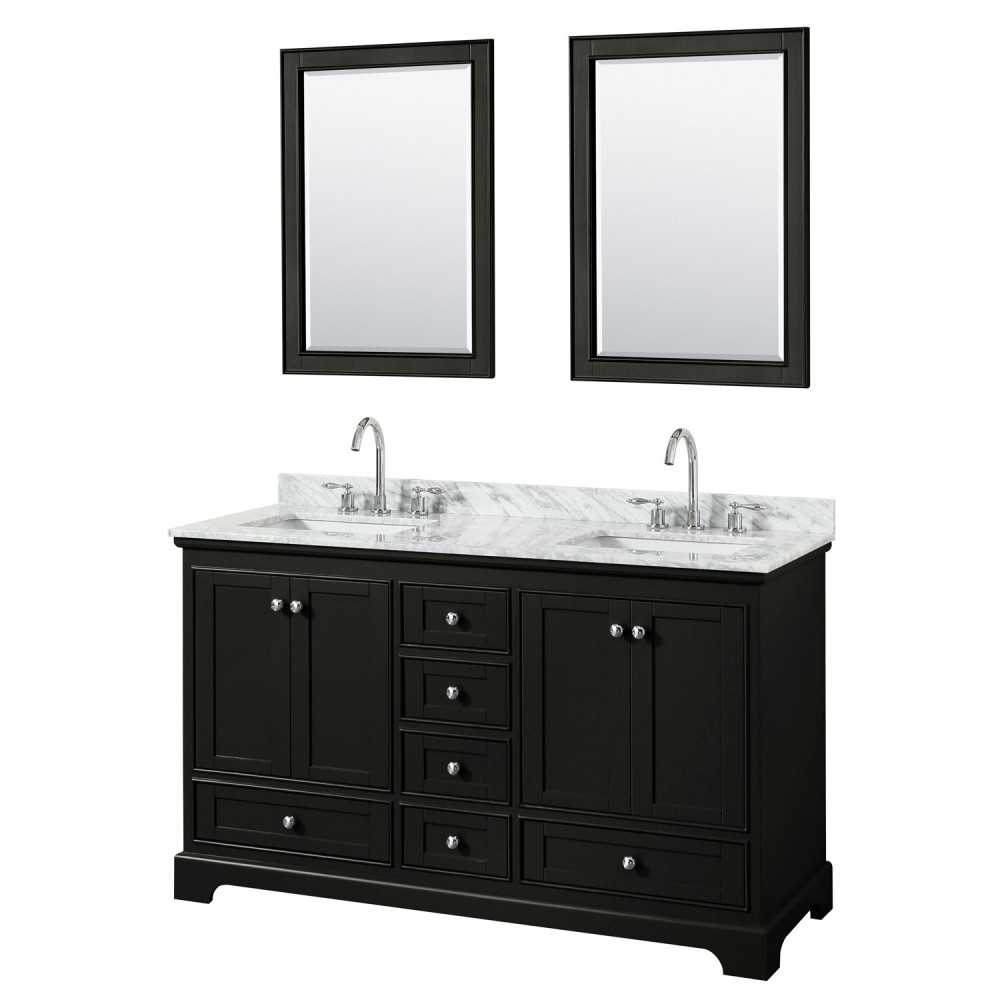 60 Inch Double Bathroom Vanity in Dark Espresso, White Carrara Marble Countertop, Sinks, 24 Inch Mirrors