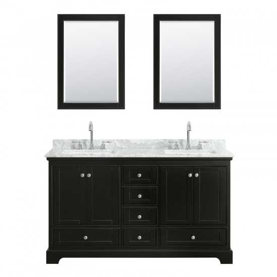 60 Inch Double Bathroom Vanity in Dark Espresso, White Carrara Marble Countertop, Sinks, 24 Inch Mirrors