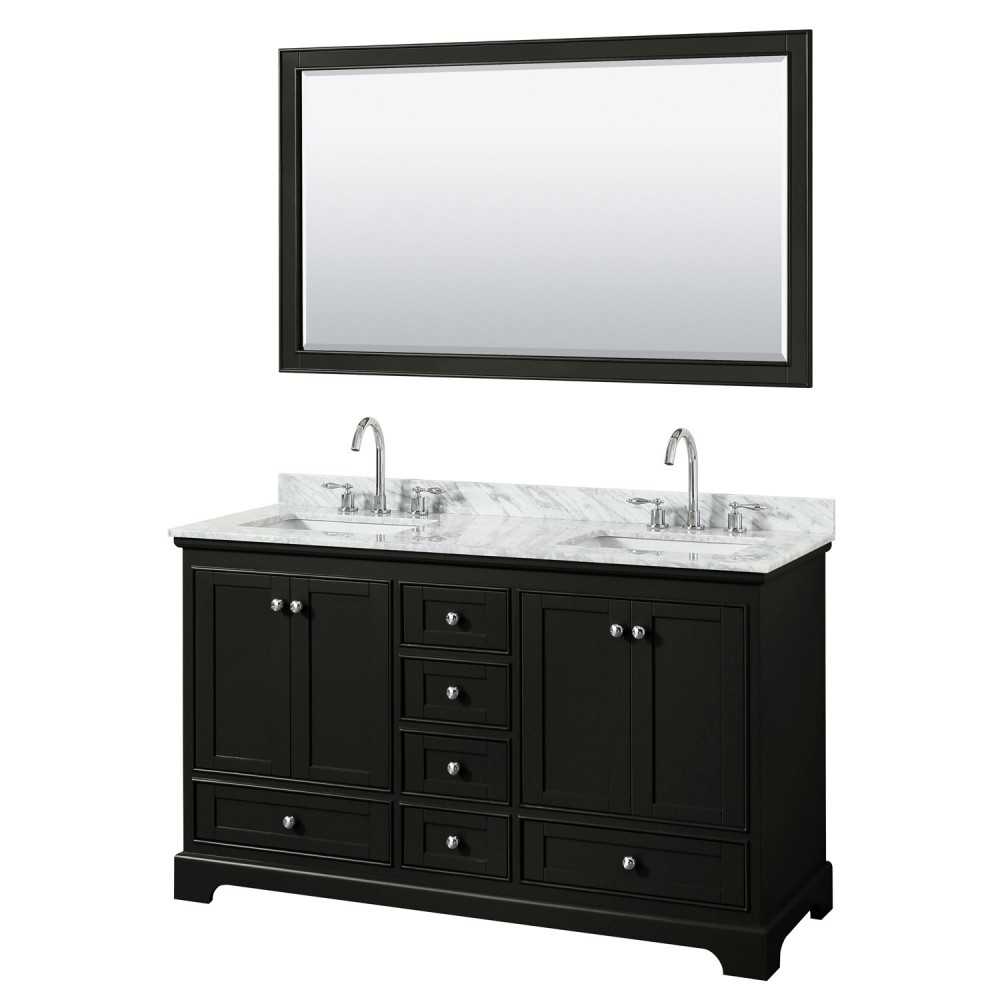 60 Inch Double Bathroom Vanity in Dark Espresso, White Carrara Marble Countertop, Sinks, 58 Inch Mirror