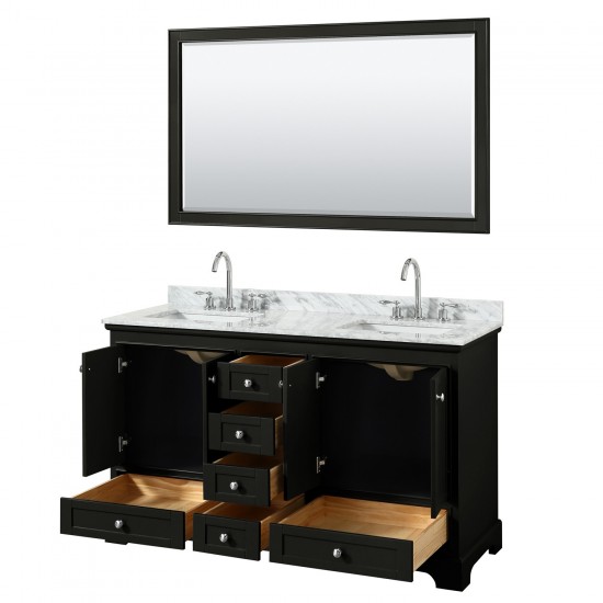 60 Inch Double Bathroom Vanity in Dark Espresso, White Carrara Marble Countertop, Sinks, 58 Inch Mirror