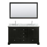 60 Inch Double Bathroom Vanity in Dark Espresso, White Carrara Marble Countertop, Sinks, 58 Inch Mirror