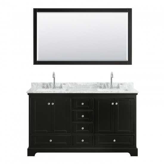 60 Inch Double Bathroom Vanity in Dark Espresso, White Carrara Marble Countertop, Sinks, 58 Inch Mirror