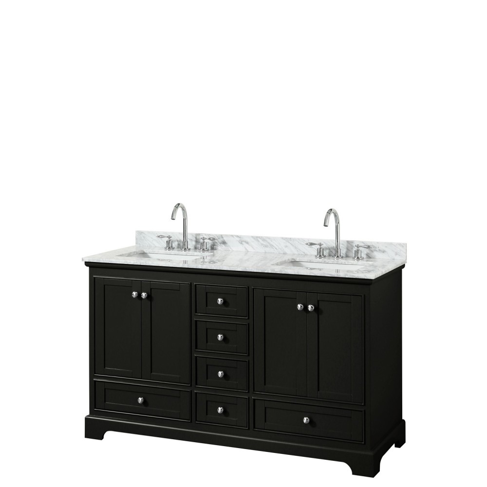 60 Inch Double Bathroom Vanity in Dark Espresso, White Carrara Marble Countertop, Sinks, No Mirrors