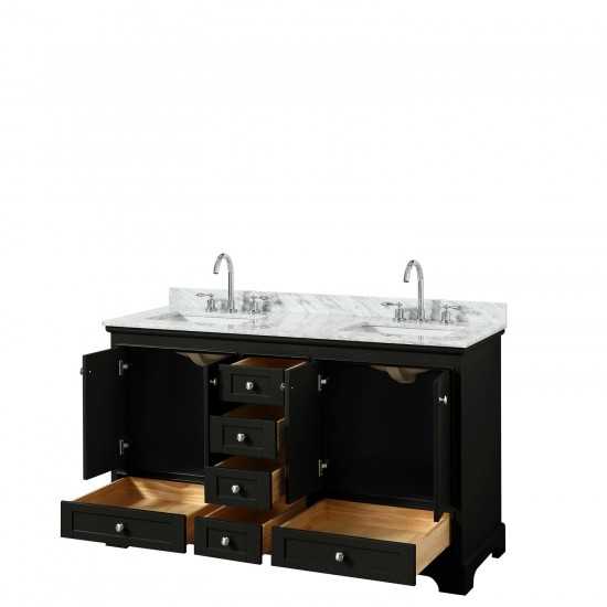 60 Inch Double Bathroom Vanity in Dark Espresso, White Carrara Marble Countertop, Sinks, No Mirrors