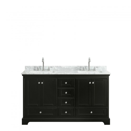 60 Inch Double Bathroom Vanity in Dark Espresso, White Carrara Marble Countertop, Sinks, No Mirrors