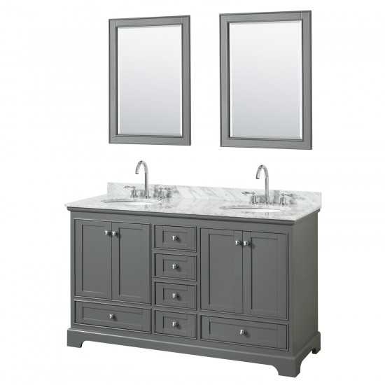 60 Inch Double Bathroom Vanity in Dark Gray, White Carrara Marble Countertop, Oval Sinks, 24 Inch Mirrors