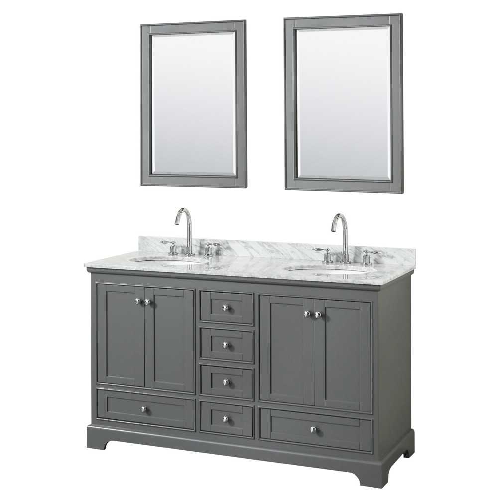 60 Inch Double Bathroom Vanity in Dark Gray, White Carrara Marble Countertop, Oval Sinks, 24 Inch Mirrors