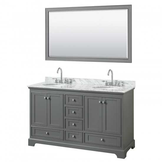 60 Inch Double Bathroom Vanity in Dark Gray, White Carrara Marble Countertop, Oval Sinks, 58 Inch Mirror