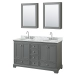 60 Inch Double Bathroom Vanity in Dark Gray, White Carrara Marble Countertop, Oval Sinks, Medicine Cabinets