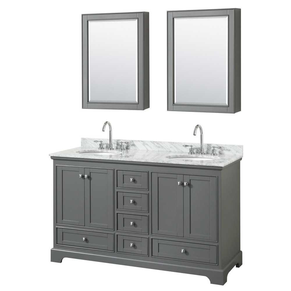 60 Inch Double Bathroom Vanity in Dark Gray, White Carrara Marble Countertop, Oval Sinks, Medicine Cabinets