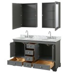 60 Inch Double Bathroom Vanity in Dark Gray, White Carrara Marble Countertop, Oval Sinks, Medicine Cabinets