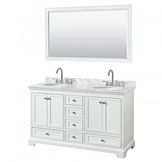 60 Inch Double Bathroom Vanity in White, White Carrara Marble Countertop, Oval Sinks, 58 Inch Mirror