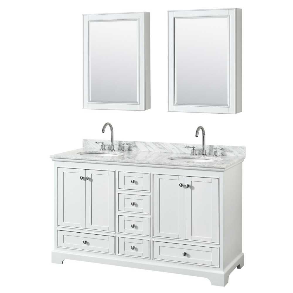 60 Inch Double Bathroom Vanity in White, White Carrara Marble Countertop, Oval Sinks, Medicine Cabinets