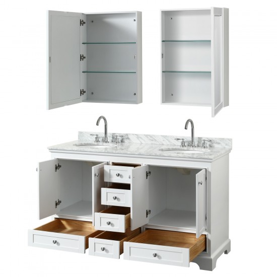 60 Inch Double Bathroom Vanity in White, White Carrara Marble Countertop, Oval Sinks, Medicine Cabinets