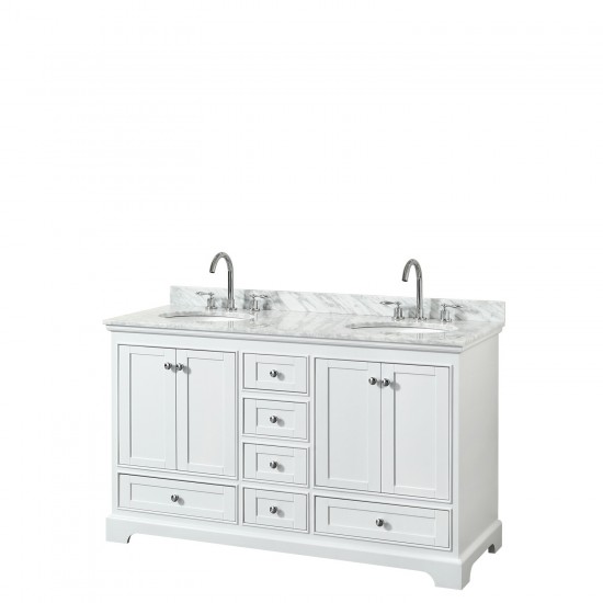 60 Inch Double Bathroom Vanity in White, White Carrara Marble Countertop, Oval Sinks, No Mirrors