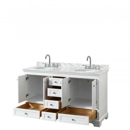 60 Inch Double Bathroom Vanity in White, White Carrara Marble Countertop, Oval Sinks, No Mirrors