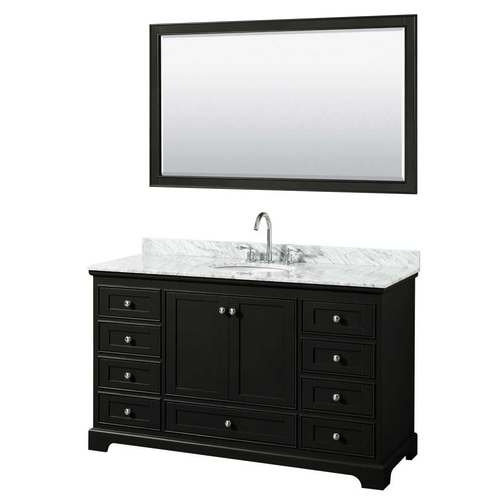 60 Inch Single Bathroom Vanity in Dark Espresso, White Carrara Marble Countertop, Oval Sink, 58 Inch Mirror