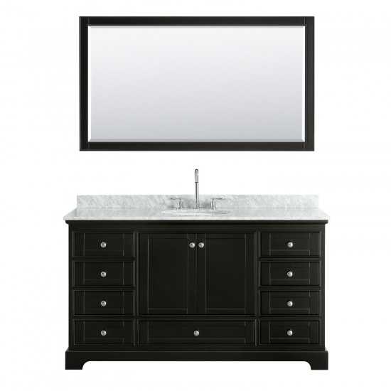 60 Inch Single Bathroom Vanity in Dark Espresso, White Carrara Marble Countertop, Oval Sink, 58 Inch Mirror