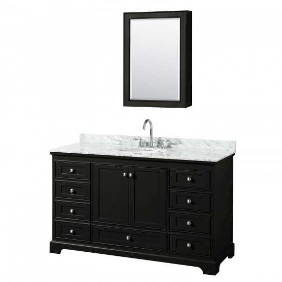 60 Inch Single Bathroom Vanity in Dark Espresso, White Carrara Marble Countertop, Oval Sink, Medicine Cabinet