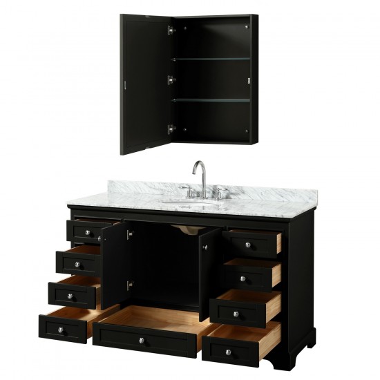 60 Inch Single Bathroom Vanity in Dark Espresso, White Carrara Marble Countertop, Oval Sink, Medicine Cabinet