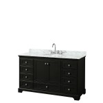 60 Inch Single Bathroom Vanity in Dark Espresso, White Carrara Marble Countertop, Oval Sink, No Mirror