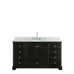 60 Inch Single Bathroom Vanity in Dark Espresso, White Carrara Marble Countertop, Oval Sink, No Mirror