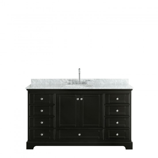 60 Inch Single Bathroom Vanity in Dark Espresso, White Carrara Marble Countertop, Oval Sink, No Mirror