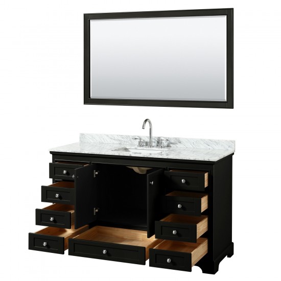 60 Inch Single Bathroom Vanity in Dark Espresso, White Carrara Marble Countertop, Sink, 58 Inch Mirror