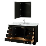 60 Inch Single Bathroom Vanity in Dark Espresso, White Carrara Marble Countertop, Sink, Medicine Cabinet